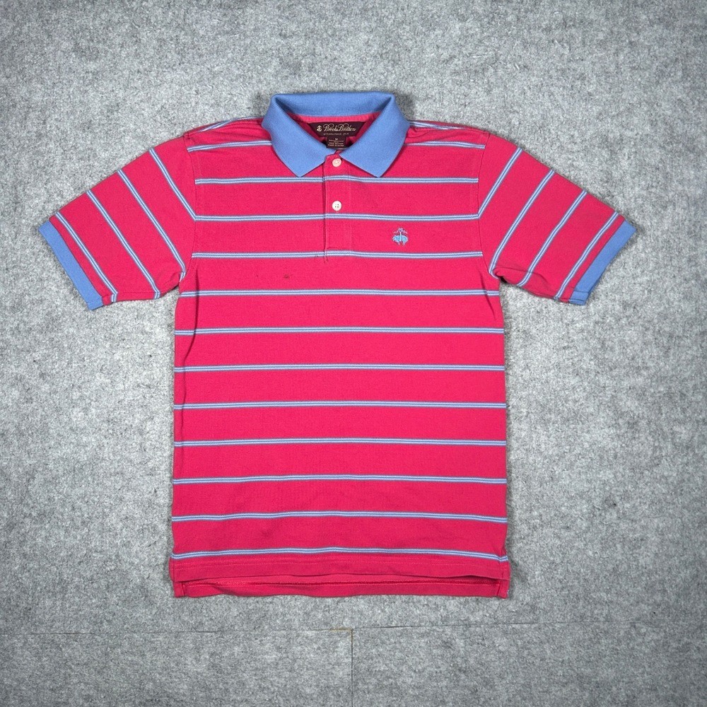 Brooks Brothers shirt polo Men Medium Pink Performance Knit Striped Short Sleeve